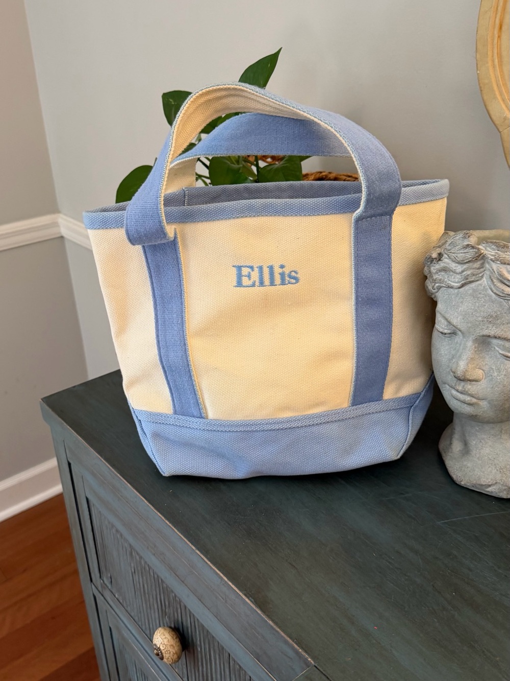 Pottery Barn boat and tote bag with blue accents.